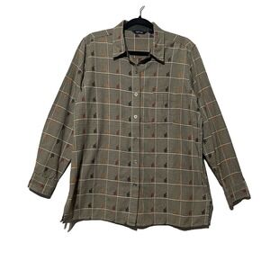 Krazy Kat Womens Check Button Down Fall Leaves Shirt Long Sleeve Collard Size XL